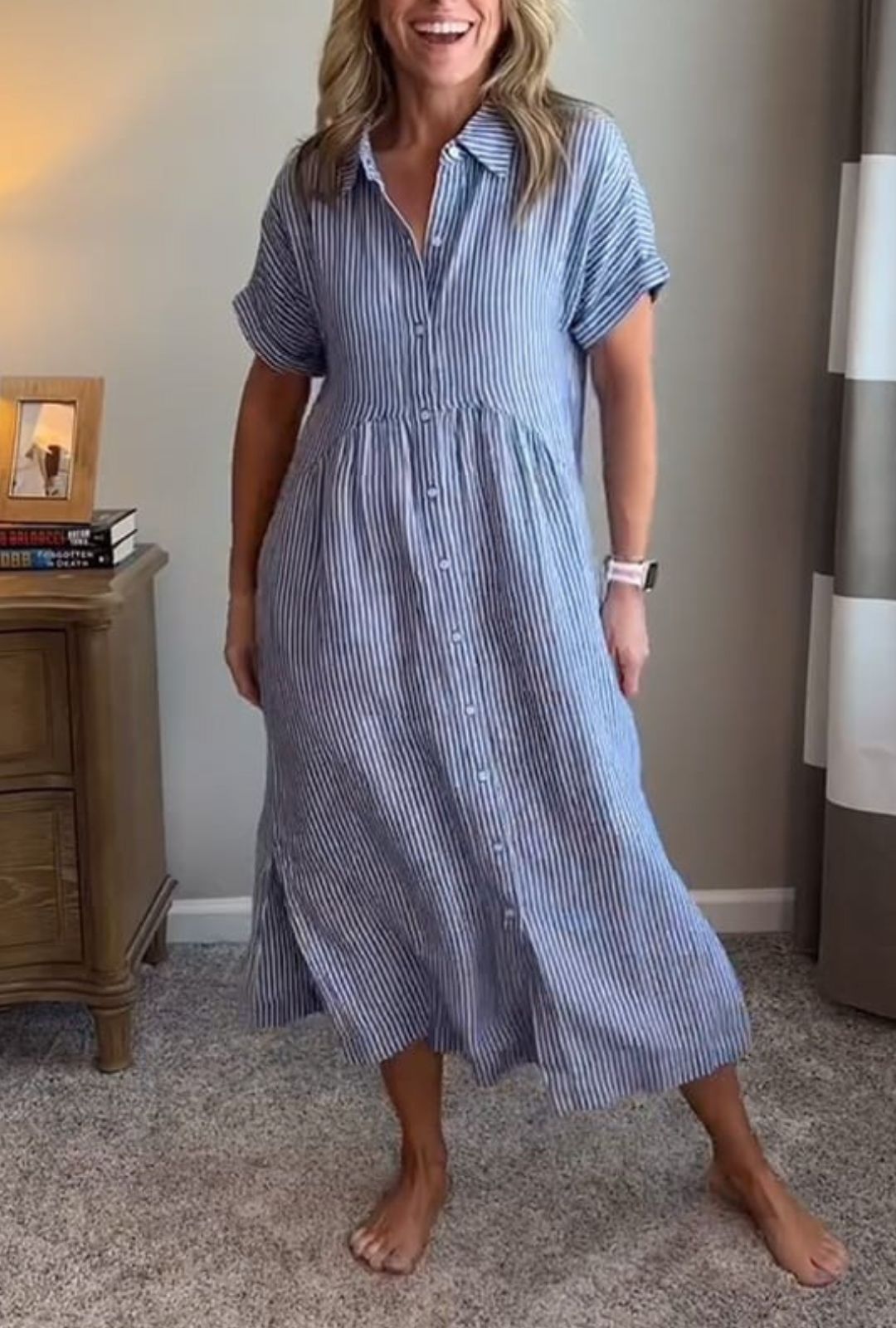 Women's Shirt Dress with Vertical Stripe Print Short Sleeves and Button-Front Placket