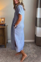 Women's Shirt Dress with Vertical Stripe Print Short Sleeves and Button-Front Placket