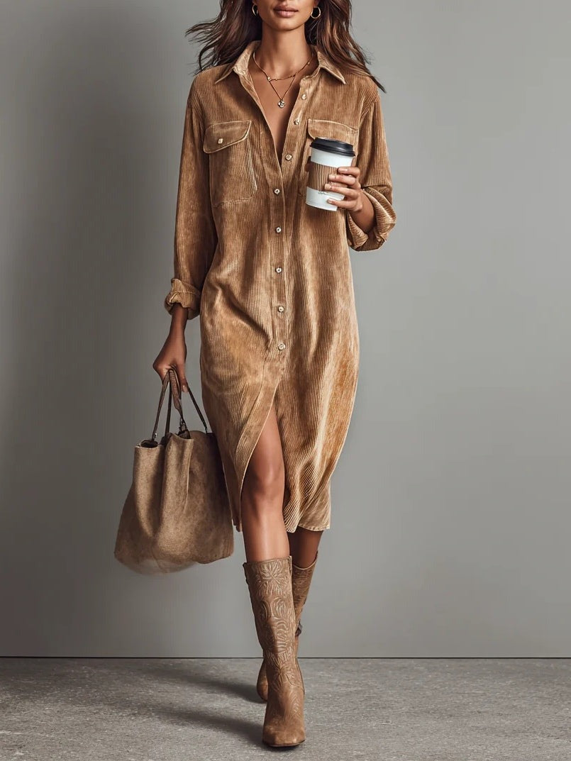 Women's Shirt Midi Dress with Button Front and Chest Pockets