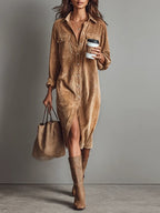 Women's Shirt Midi Dress with Button Front and Chest Pockets