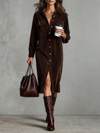 Women's Shirt Midi Dress with Button Front and Chest Pockets