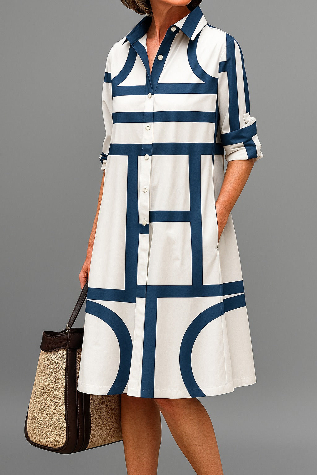 Women's Shirt Midi Dress with Pockets and Button Front