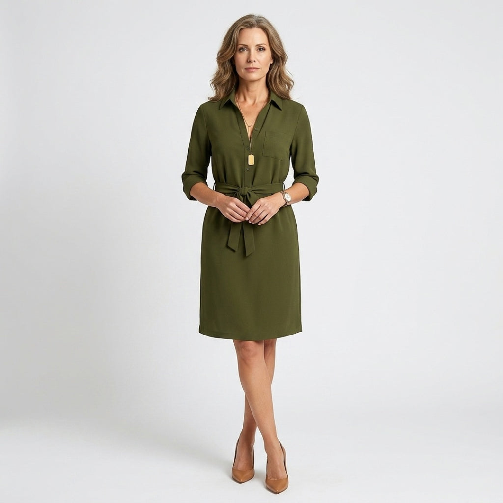 Women's Shirt Midi Dress with Tie Belt