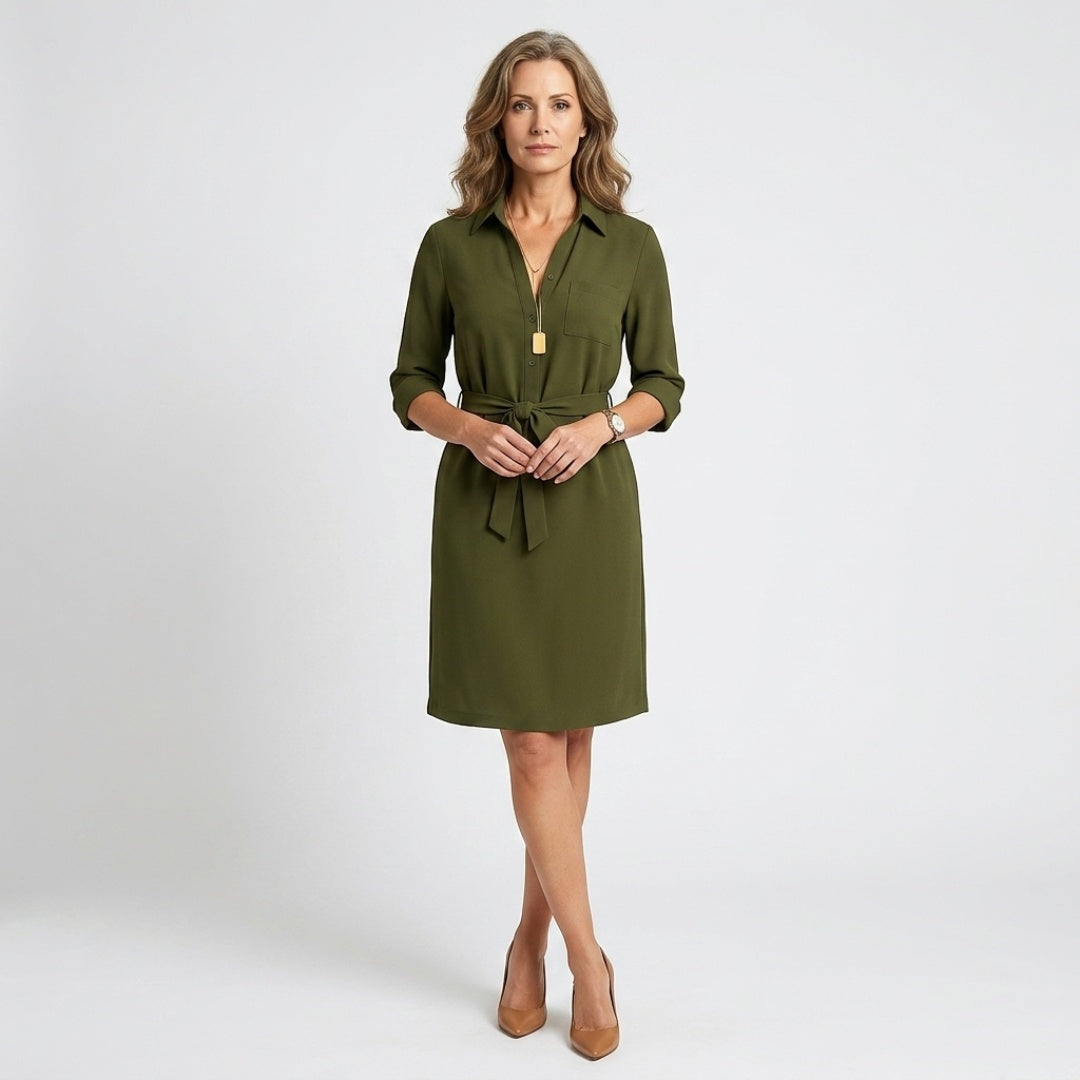 Women's Shirt Midi Dress with Tie Belt