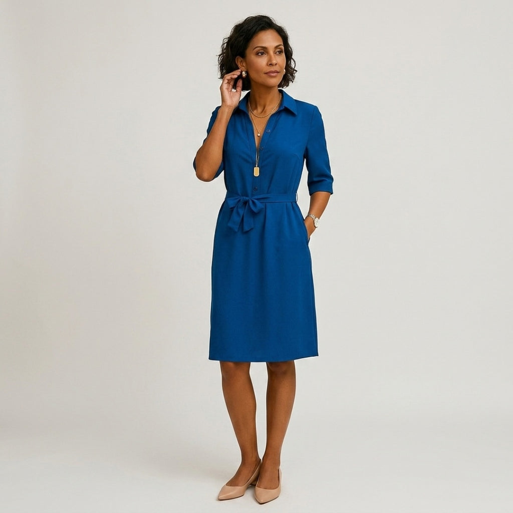 Women's Shirt Midi Dress with Tie Belt
