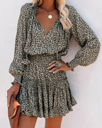 Women's Short Dress with Leopard Print V-Neckline and Smocked Waist and Long Balloon Sleeves