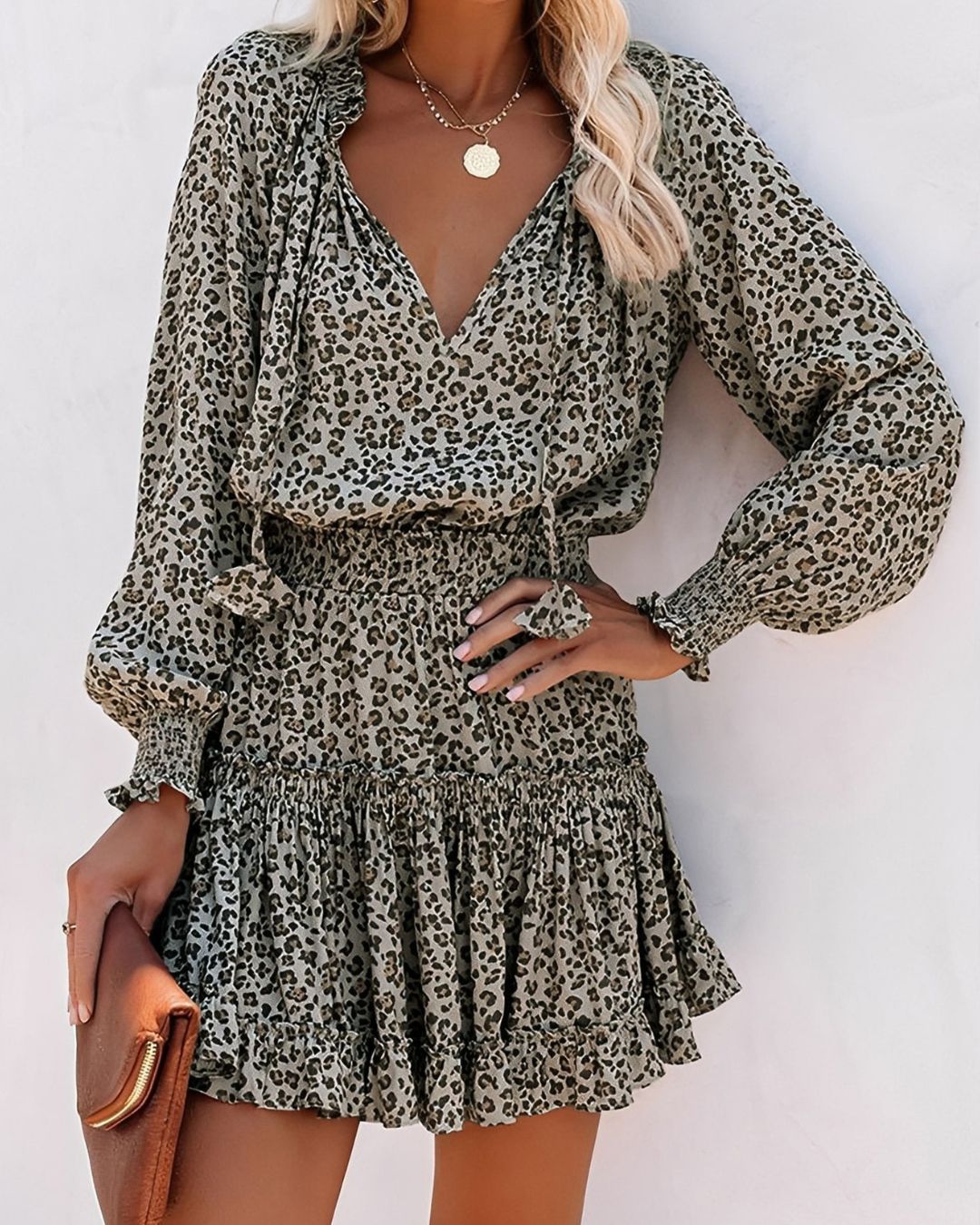 Women's Short Dress with Leopard Print V-Neckline and Smocked Waist and Long Balloon Sleeves