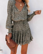 Women's Short Dress with Leopard Print V-Neckline and Smocked Waist and Long Balloon Sleeves