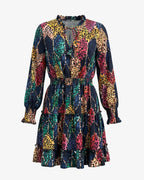 Women's Short Dress with Leopard Print V-Neckline and Smocked Waist and Long Balloon Sleeves