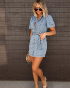 Women's Short Dress with Puff Sleeves Button Front Closure and D-Ring Belt