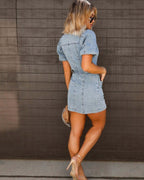 Women's Short Dress with Puff Sleeves Button Front Closure and D-Ring Belt