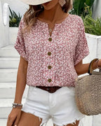 Women's Short Sleeve Floral Print Top with Button Front and Notch Neckline