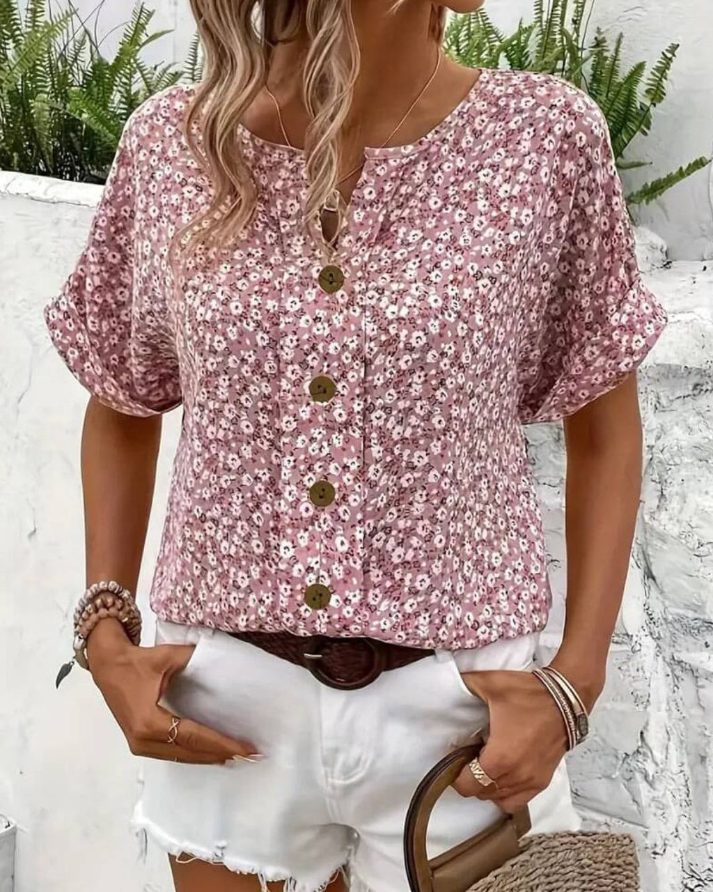 Women's Short Sleeve Floral Print Top with Button Front and Notch Neckline
