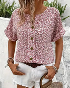 Women's Short Sleeve Floral Print Top with Button Front and Notch Neckline