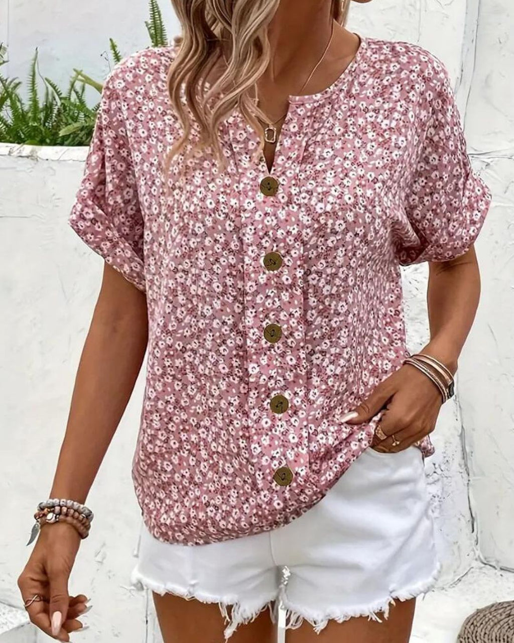 Women's Short Sleeve Floral Print Top with Button Front and Notch Neckline