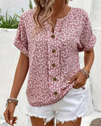 Women's Short Sleeve Floral Print Top with Button Front and Notch Neckline