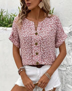 Women's Short Sleeve Floral Print Top with Button Front and Notch Neckline