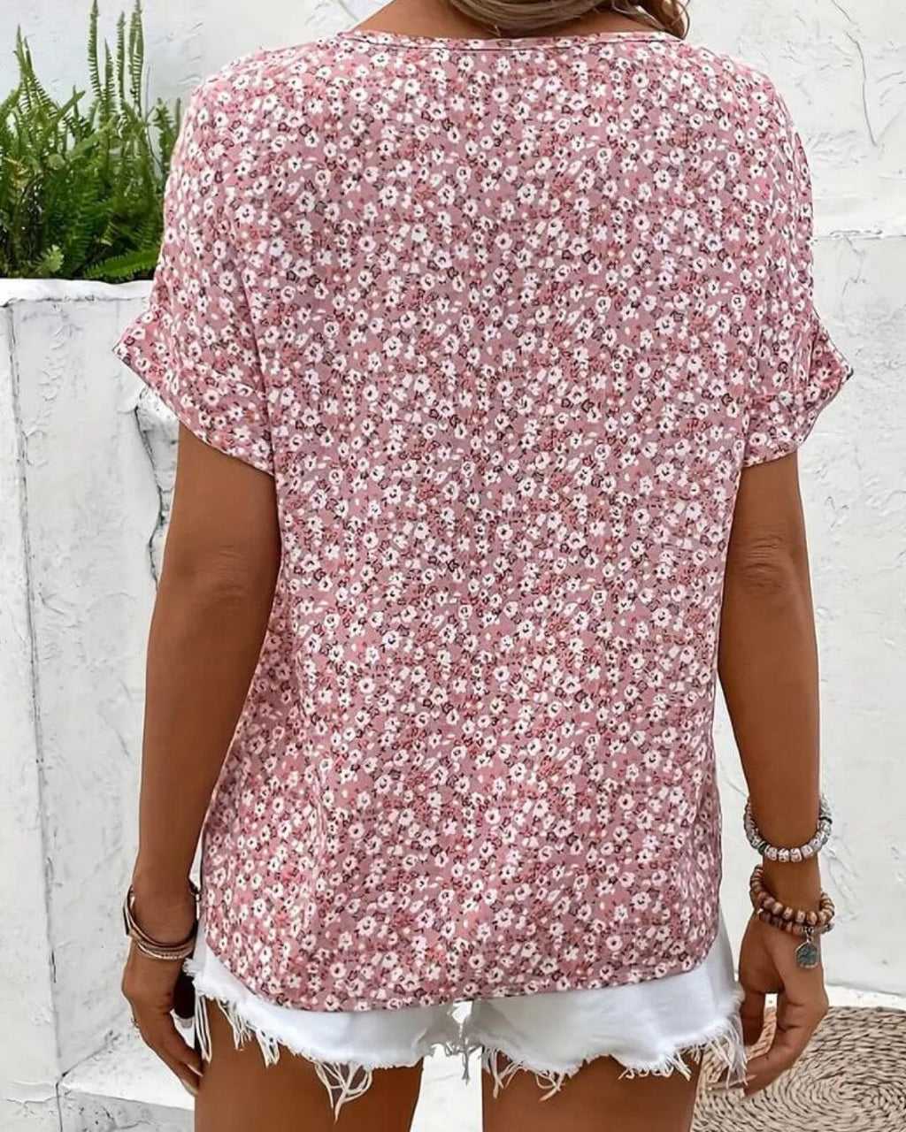 Women's Short Sleeve Floral Print Top with Button Front and Notch Neckline