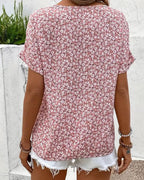 Women's Short Sleeve Floral Print Top with Button Front and Notch Neckline