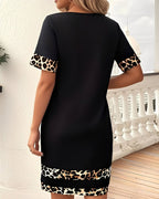Women's Short Sleeve Mini Dress with Leopard Print Contrast Trim at Cuffs and Hem