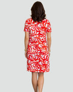 Women's Short Sleeve Shift Dress with Split Neckline and Large-Scale Swirl Print and Side Pockets