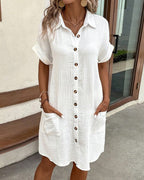 Women's Short Sleeve Shirt Dress with Button Front and Dual Patch Pockets