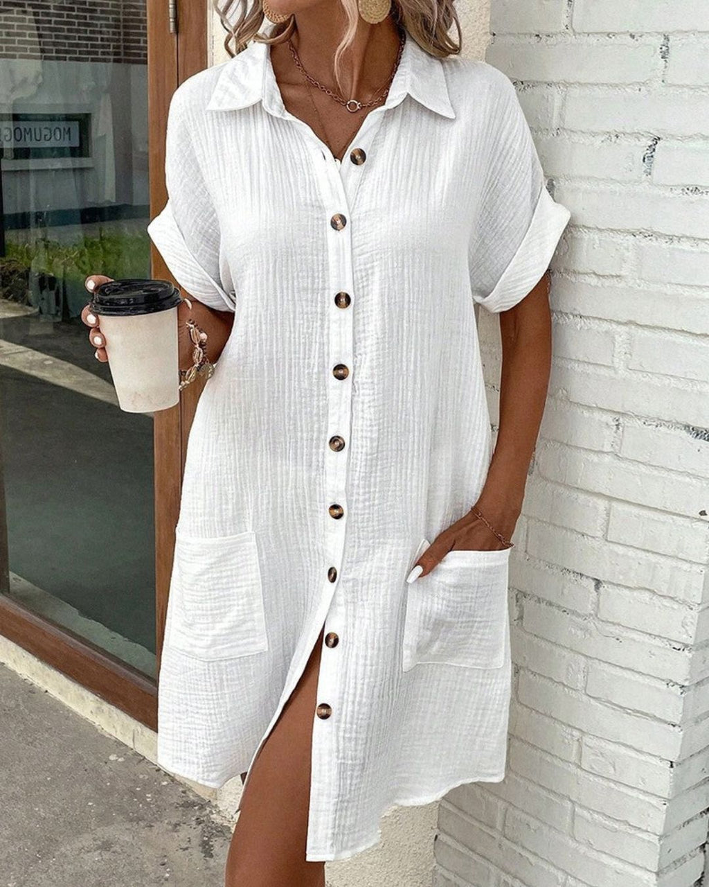 Women's Short Sleeve Shirt Dress with Button Front and Dual Patch Pockets