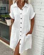 Women's Short Sleeve Shirt Dress with Button Front and Dual Patch Pockets