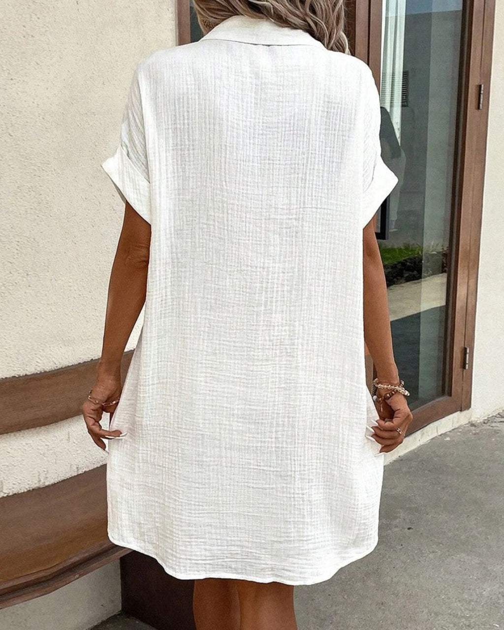 Women's Short Sleeve Shirt Dress with Button Front and Dual Patch Pockets
