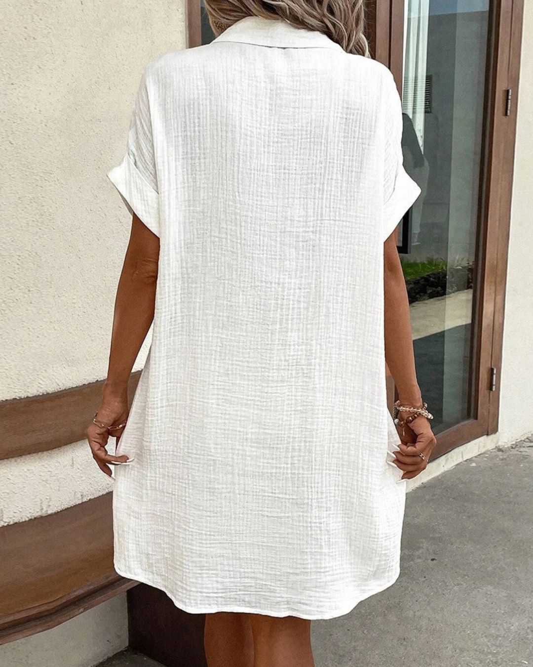 Women's Short Sleeve Shirt Dress with Button Front and Dual Patch Pockets