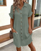 Women's Short Sleeve Shirt Dress with Button Front and Dual Patch Pockets