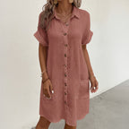 Women's Short Sleeve Shirt Dress with Point Collar Button Front Closure and Dual Patch Pockets