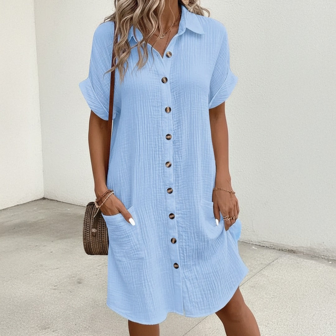 Women's Short Sleeve Shirt Dress with Point Collar Button Front Closure and Dual Patch Pockets