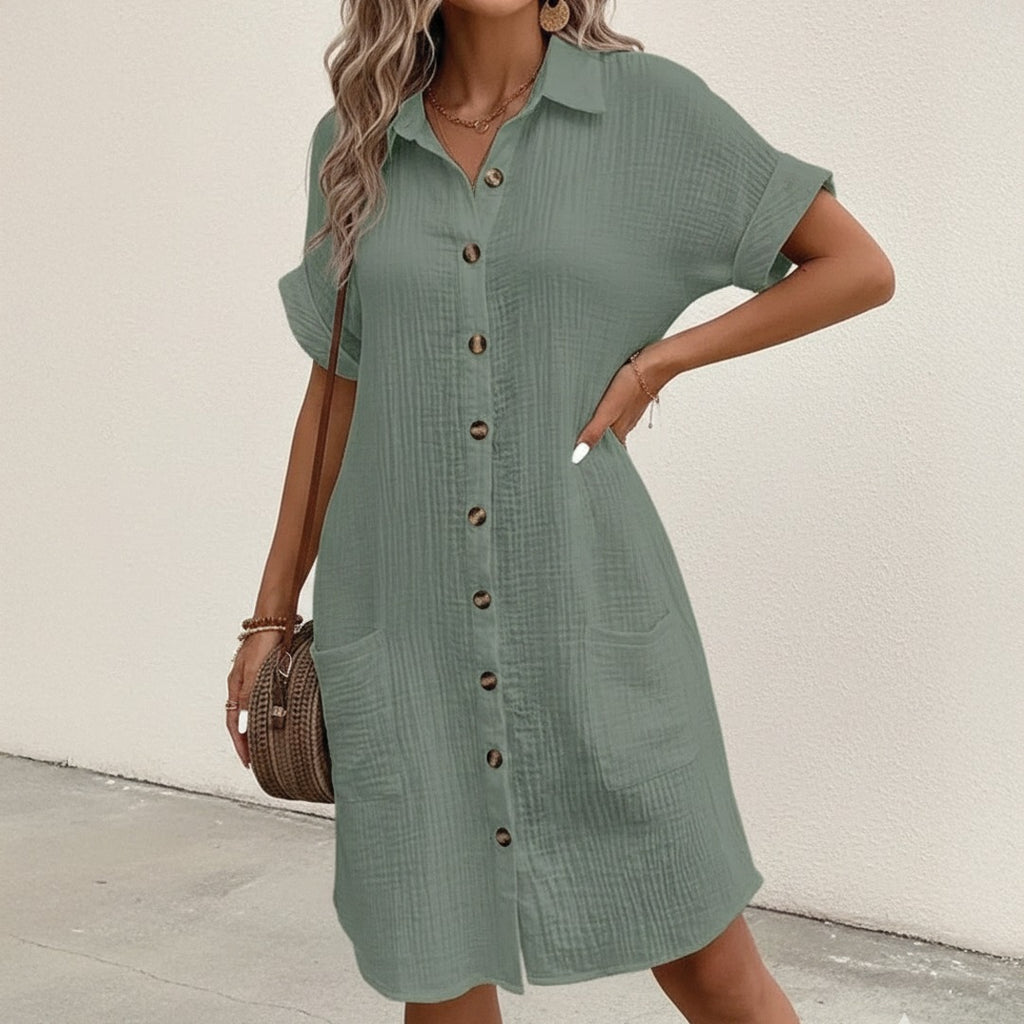 Women's Short Sleeve Shirt Dress with Point Collar Button Front Closure and Dual Patch Pockets