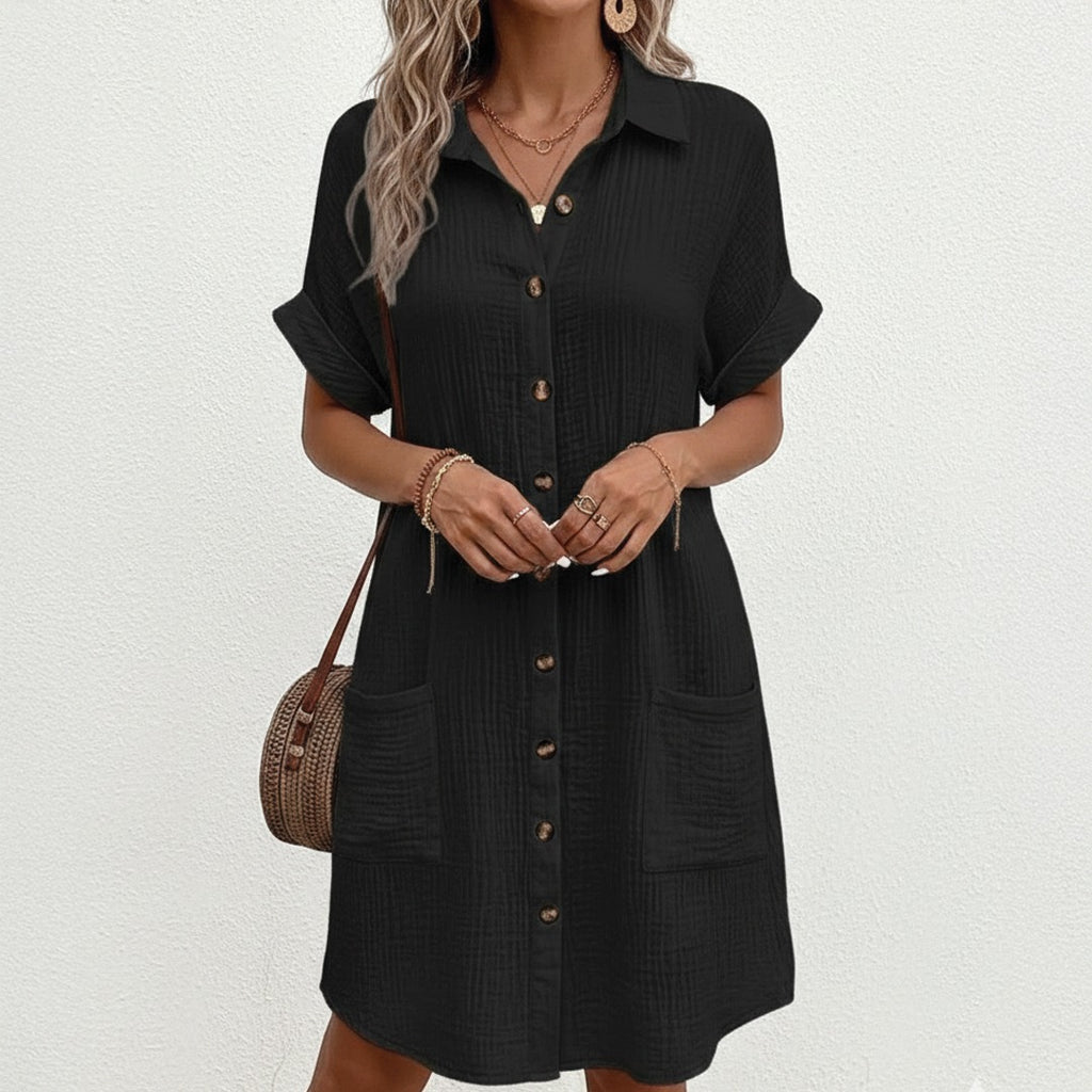 Women's Short Sleeve Shirt Dress with Point Collar Button Front Closure and Dual Patch Pockets