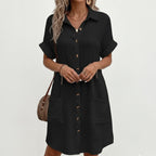 Women's Short Sleeve Shirt Dress with Point Collar Button Front Closure and Dual Patch Pockets