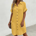 Women's Short Sleeve Shirt Dress with Point Collar Button Front Closure and Dual Patch Pockets