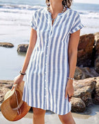 Women's Short Sleeve Shirt Dress with Vertical Stripe Print and Button Front Placket