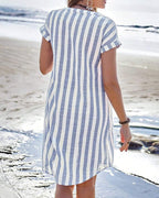 Women's Short Sleeve Shirt Dress with Vertical Stripe Print and Button Front Placket