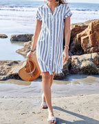 Women's Short Sleeve Shirt Dress with Vertical Stripe Print and Button Front Placket