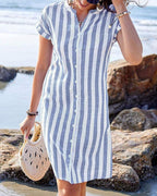 Women's Short Sleeve Shirt Dress with Vertical Stripe Print and Button Front Placket