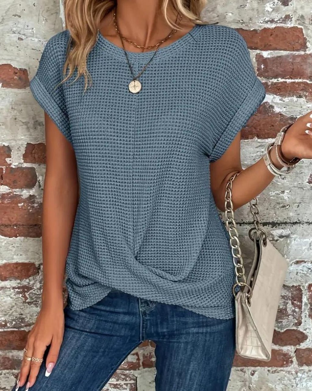 Women's Short Sleeve Top with Waffle-Texture Surface and Twisted Front Hem Detail