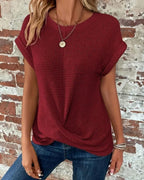 Women's Short Sleeve Top with Waffle-Texture Surface and Twisted Front Hem Detail