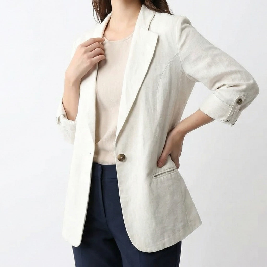 Women's Single Button Blazer with Notch Lapel and Rolled Cuff Sleeves