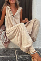Women's Sleeveless Hooded Jumpsuit with Drop-Crotch Leg and Button Placket