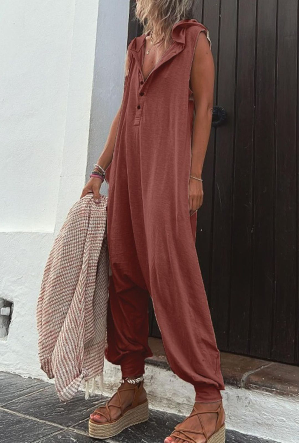 Women's Sleeveless Hooded Jumpsuit with Drop-Crotch Leg and Button Placket