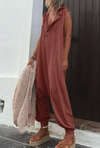 Women's Sleeveless Hooded Jumpsuit with Drop-Crotch Leg and Button Placket