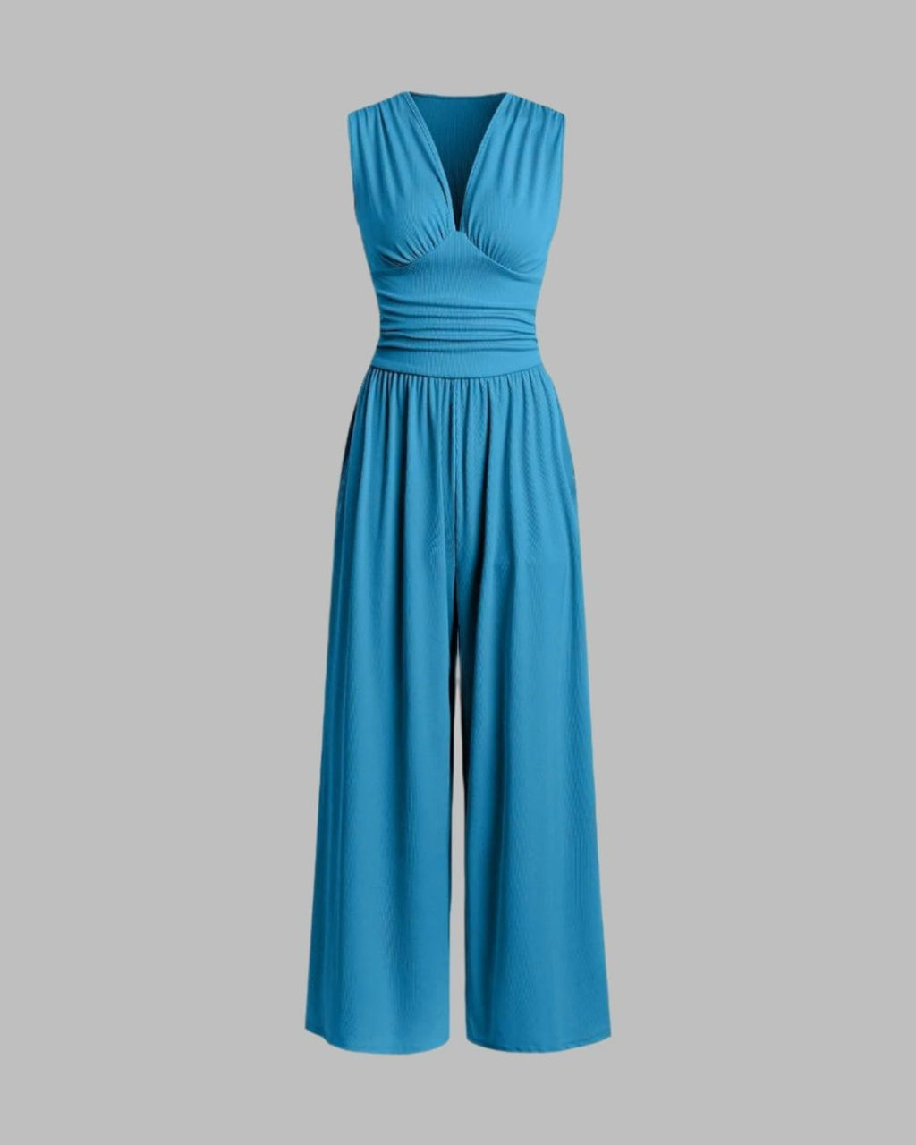 Women's Sleeveless Jumpsuit with Deep V-Neckline Ruched Waistband and Wide-Leg Trousers