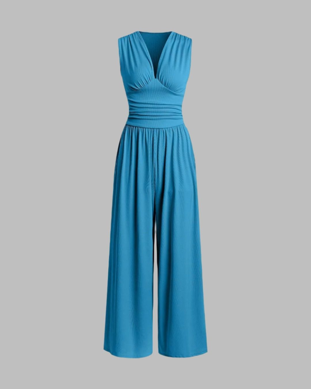 Women's Sleeveless Jumpsuit with Deep V-Neckline Ruched Waistband and Wide-Leg Trousers