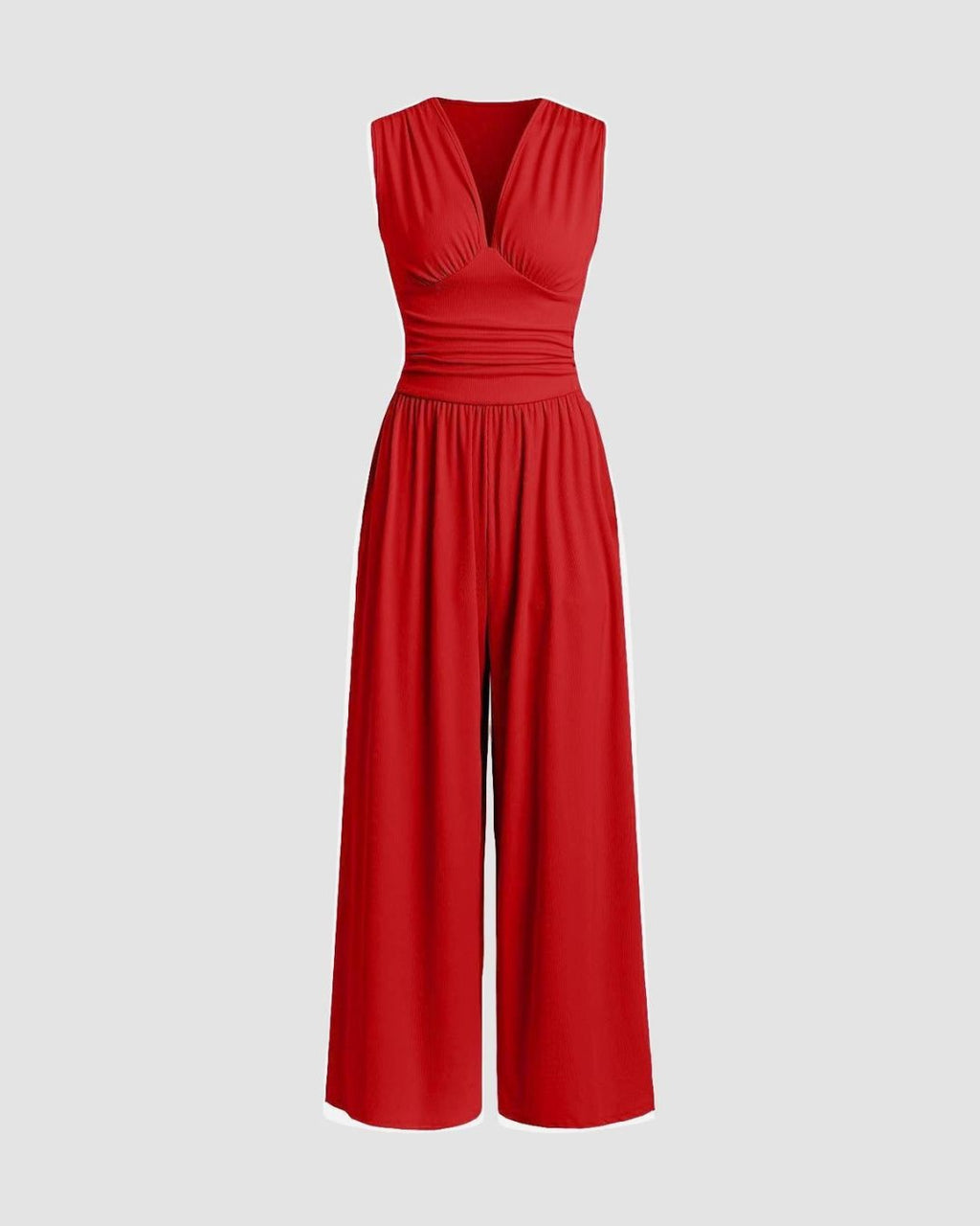 Women's Sleeveless Jumpsuit with Deep V-Neckline Ruched Waistband and Wide-Leg Trousers